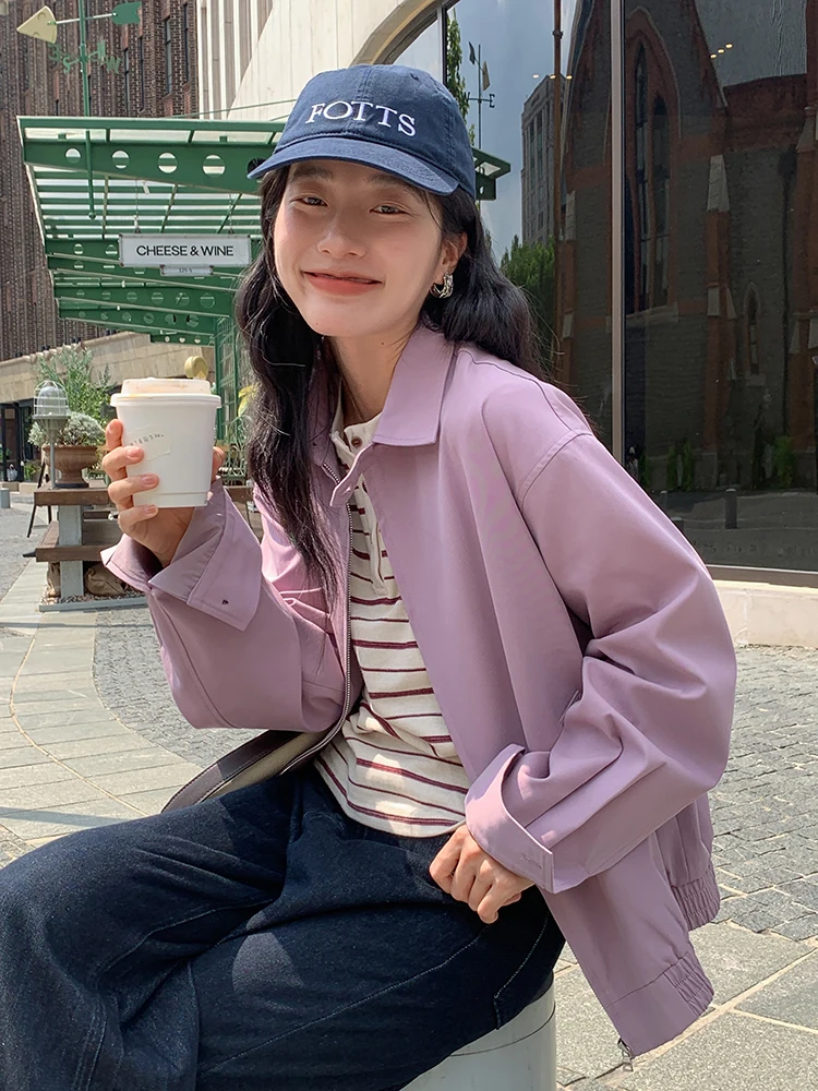 

Уникальная фиолетовая куртка с воротником на молнии, женская повседневная кофта, романтичная и стильная верхняя одежда, женская мода, производство Китай