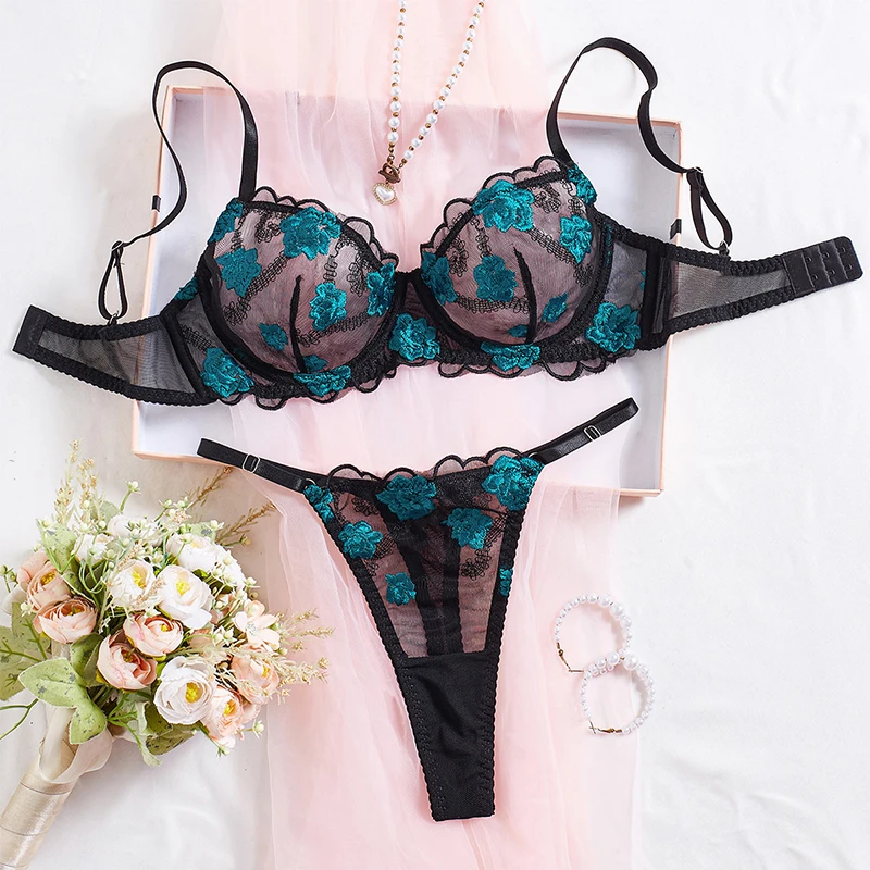 

Sexy Lingerie Luxury Embroidery Mesh Lingerie Transparent Underwear Delicate Floral Bra Set Three-Point Intimate Erotic Lingerie