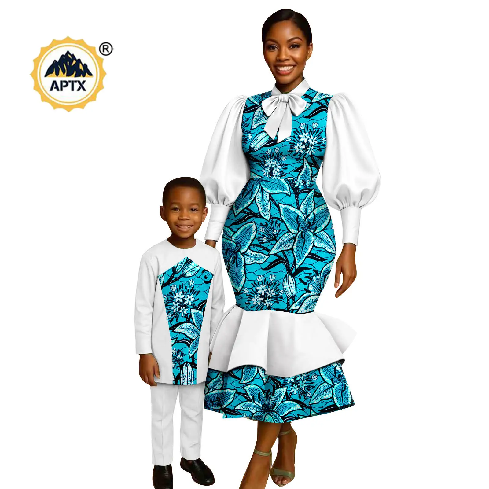 

African Clothes for Family Women Mermaid Dresses Match Boy Dashiki Top and Pant Sets Bazin Riche Mom and Son Outfits 25F031