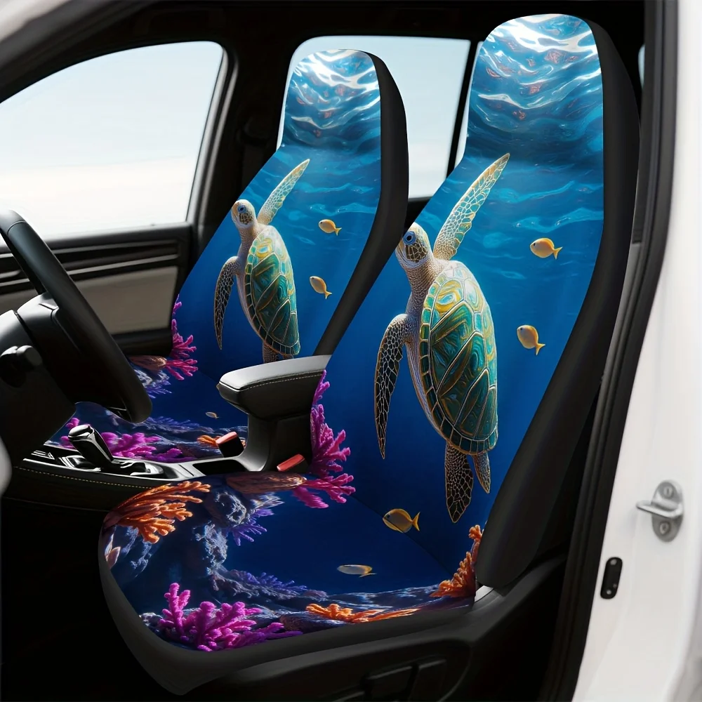 Set Of 2, Car Covers Featuring A Decorative Deep Sea Blue Turtle Design, Lightweight And Durable With A Universal Fit, Stylish U