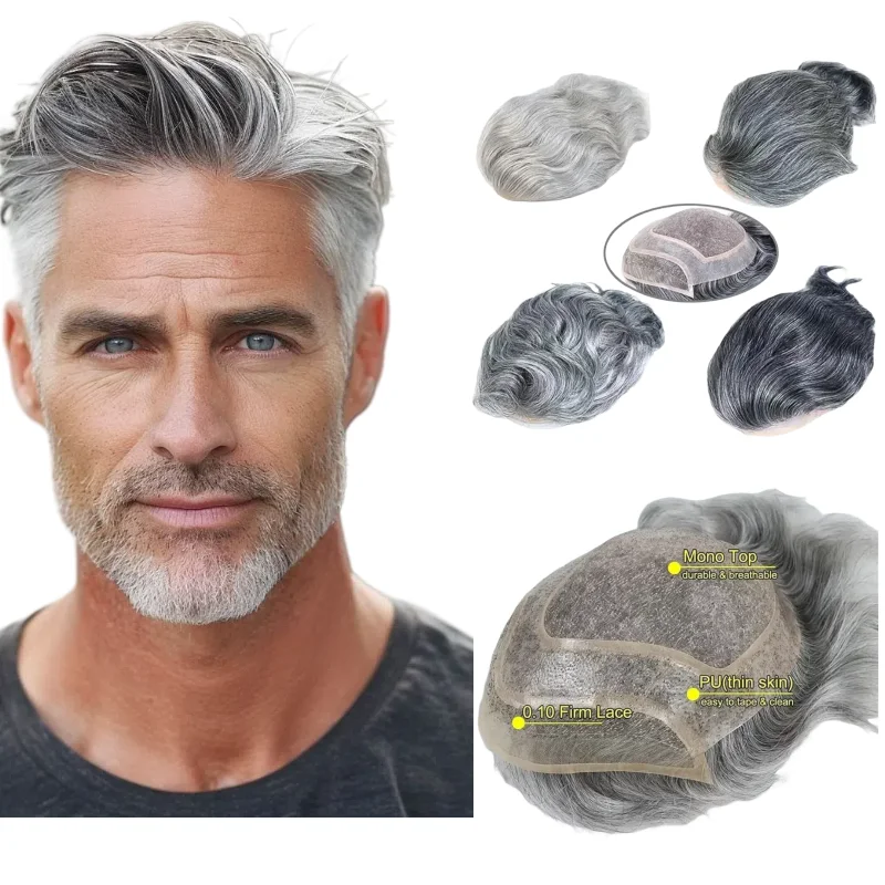 

8x10 Inch Men's Hair Replacement Human Hair Toupee Mono Base Lace With Pu Salt & Pepper Colors 1B20 1B40 1B80 #4