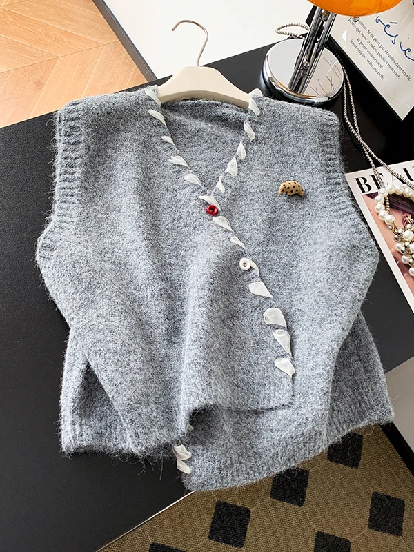 

Retro Lace-Up Asymmetrical Knitted Vest Women's Autumn New Sle Slimming Outerwear Layering oulder Bared Top
