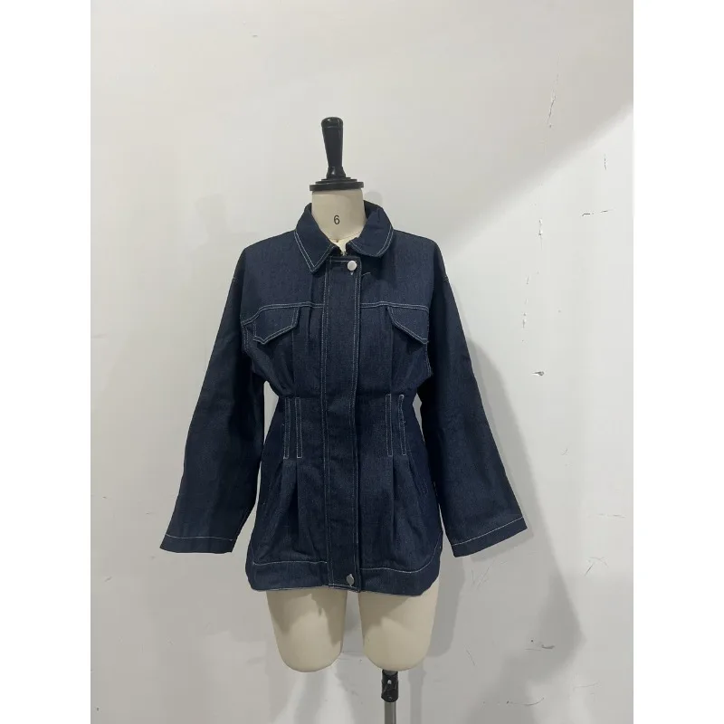 

Топ с лацканами на талии, куртка в Европе и Америке, женская одежда, весенне-осенний новый темпераментный однобортный джинсовый топ