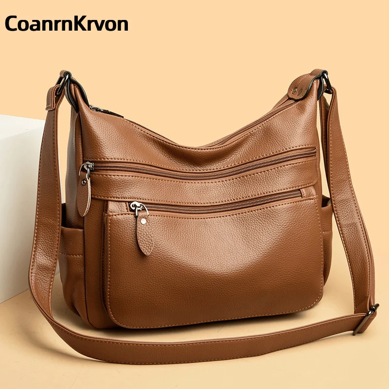 New 2024 Leather Black Crossbody Bag Women\'s Trendy Portable Gift Mom Bag Large Capacit Soft Multiple Layers Pockets Commuterbag