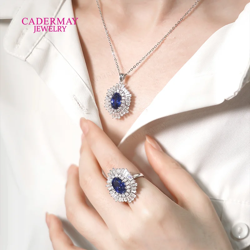 Cadermay Lab Sapphire Jewelry Set 925 Silver Synthetic Sapphire Earings Ring Pendant Women Jewelry Set Gift Party Wedding