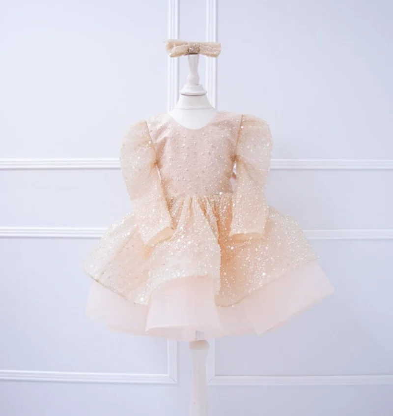 

Champagne Sequined Baby Girls Dress O Neck Full Sleeve Princess Wedding Flower Girl Dress Big Bow Toddler Tutu Outfit Birthday