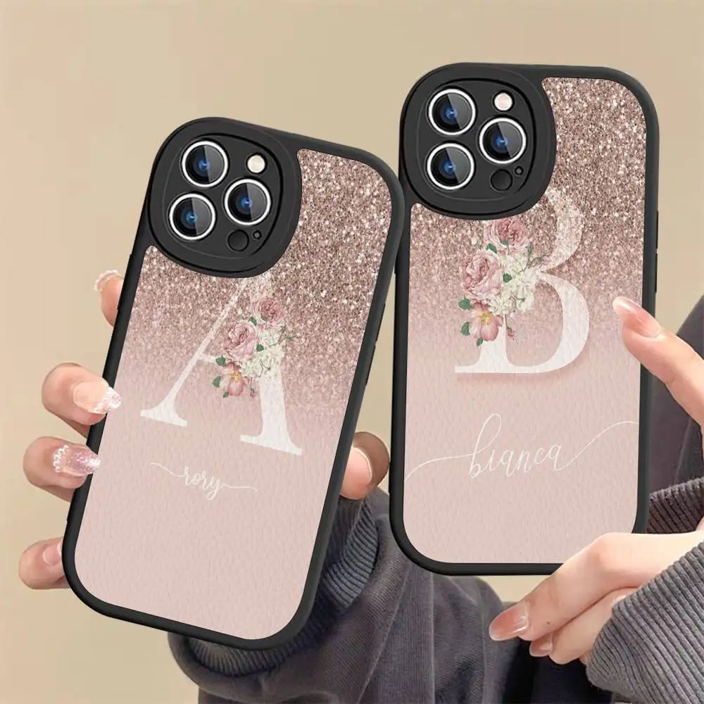 

Letter Pink Shiny M R Clear Phone Case For IPhone 16 15 14 13 12 11 Pro Max Plus Leather Shockproof Cover