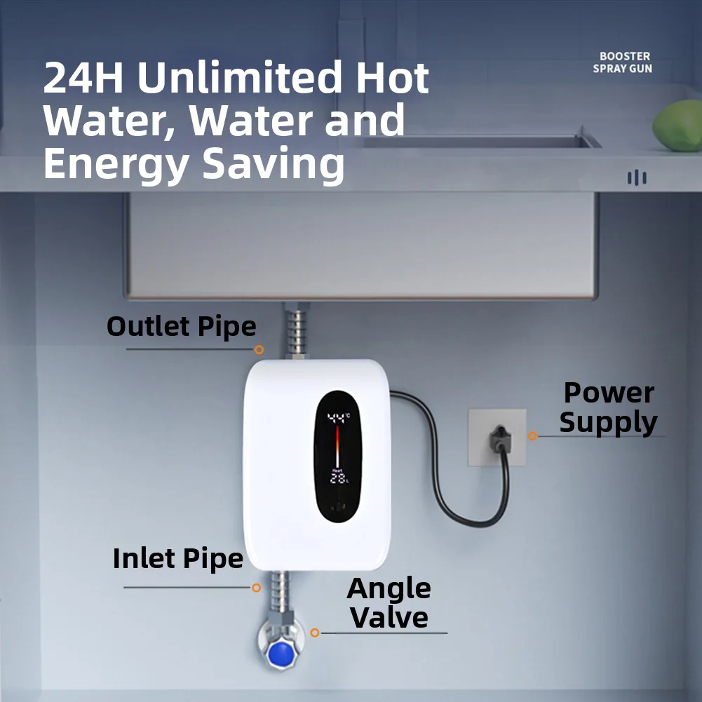 Electric Water Heater 3800W for Instant Heating Energy For Efficient Compact Design Suitable for Kitchen Bathroom Balcony