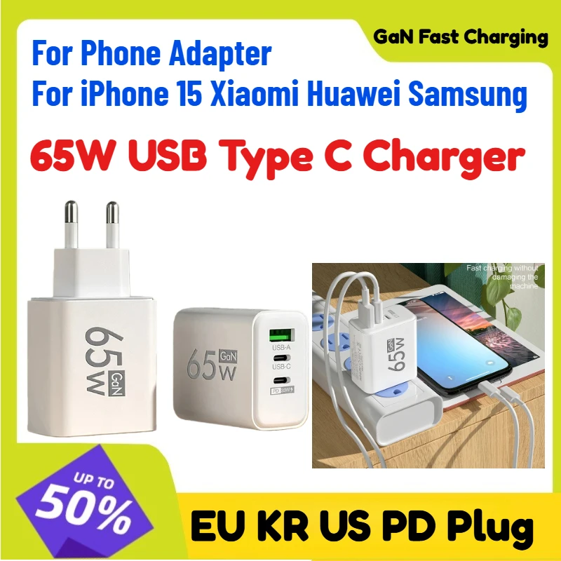 

65W USB Type C Charger GaN Fast Charging EU KR US PD For Phone Adapter For iPhone 15 Xiaomi Huawei Samsung 3.0 Quick Charge Wall