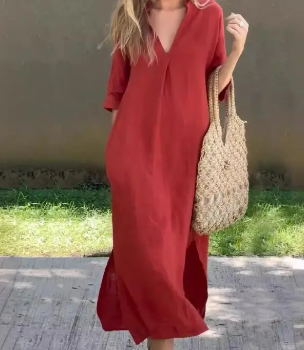 

Women Dresses 2026 Spring Summer Cotton and Linen Pocket Design Side Slit V-Neck Long Sleeve Loose Fit Casual Long Dress