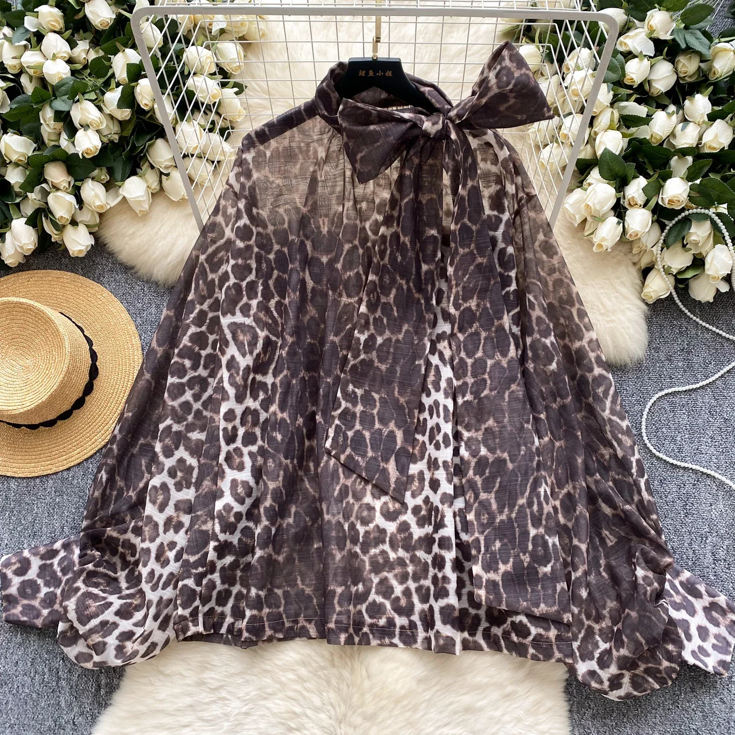 Basics Long Sleeves Elegant Butterfly Bow Collar Vintage Leopard Chic Mesh Loose Top Office Lady High Street Autumn Women Blouse