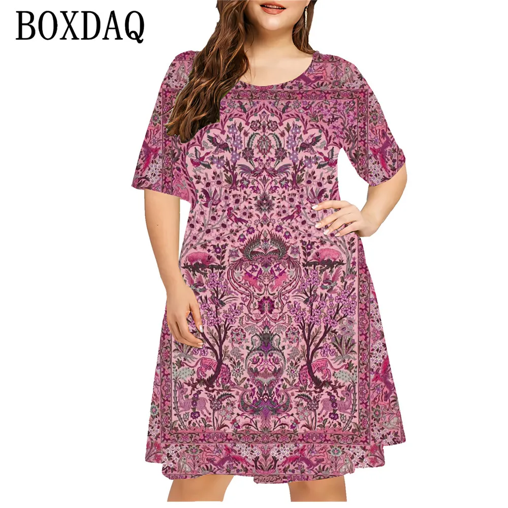 Ethnic Style Pattern 3D Print Dress Women Plus Size Casual Short Sleeve Loose A-Line Dress Summer Vintage Ladies Large Sizes 6XL