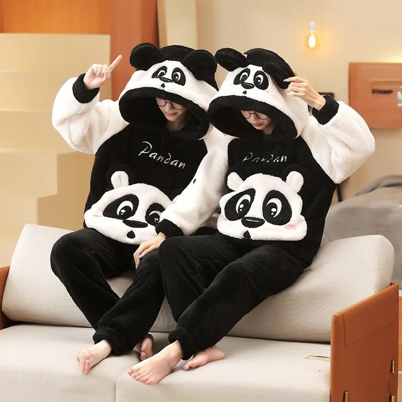 Winter Couple Pajamas Set Women Men Plush Soft Thicken Pyjamas Sleepwear  Korean Loose Homewear Cartoon Panda Pyjamas Suit