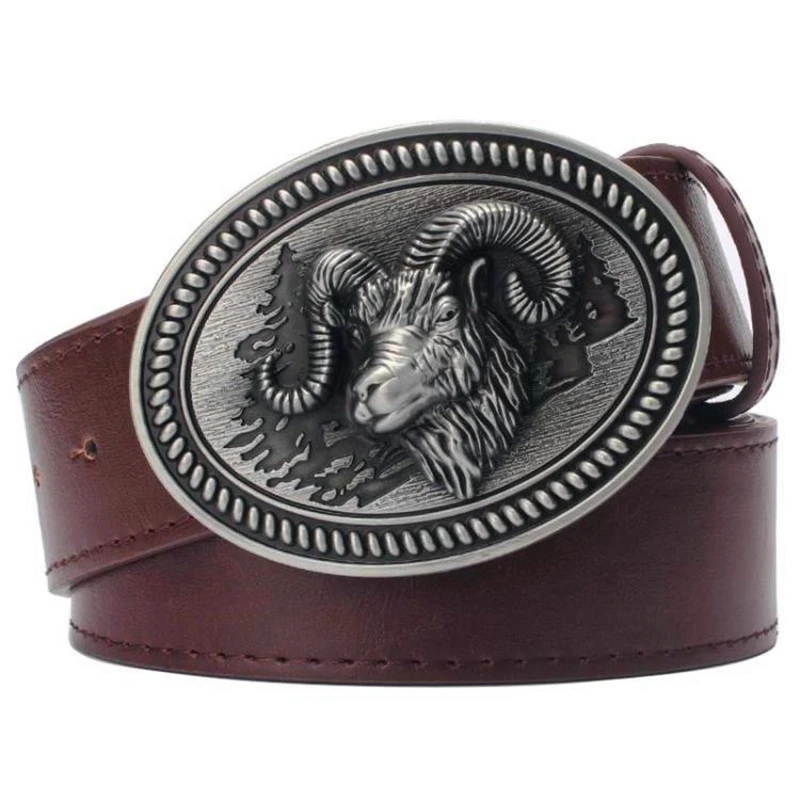 Sturdy Ram Thick Horns Sign Metal Buckle Men Leather Belt Male Argali Wild Sheep Cool Decorative Waistband