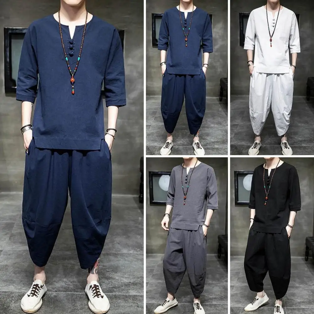 Comfortable Daily Wear Outfit Chinese Style Men Two-piece Suit Chinese Style Men's Outfit O-neck Disc Buckle Tops Long Bloomers