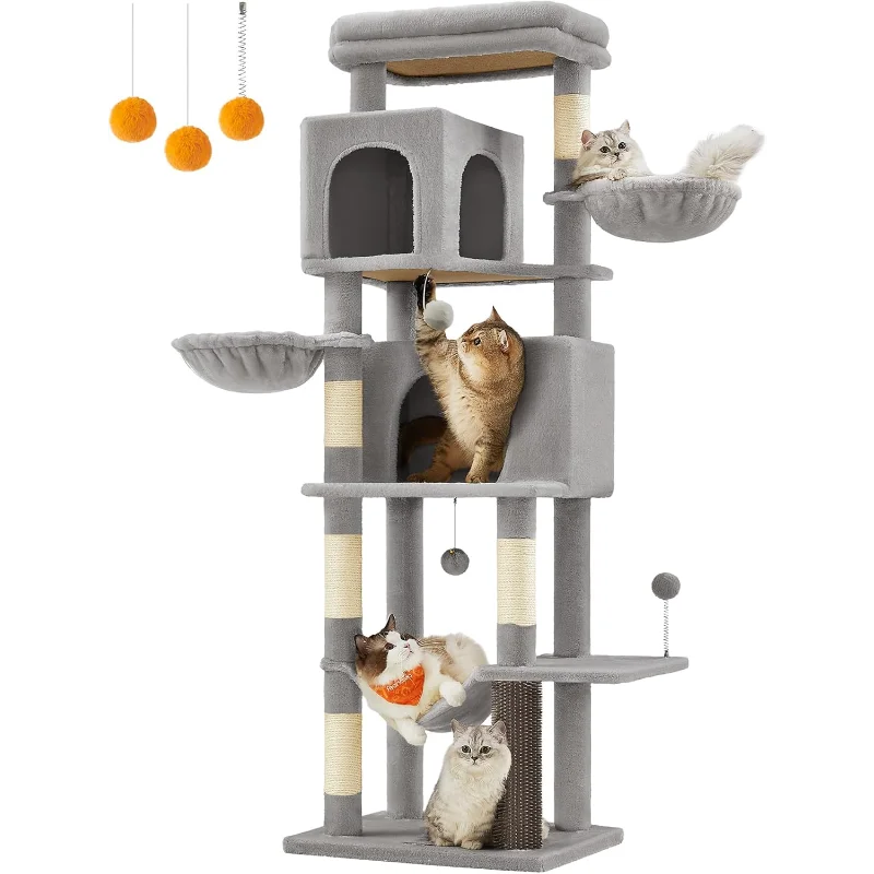 

Cat Tree, 69-Inch Tall Cat Tower for Indoor Cats, Multi-Level Cat Condo with 2 Caves, 2 Baskets, 5 Scratching Posts,Self-Groomer