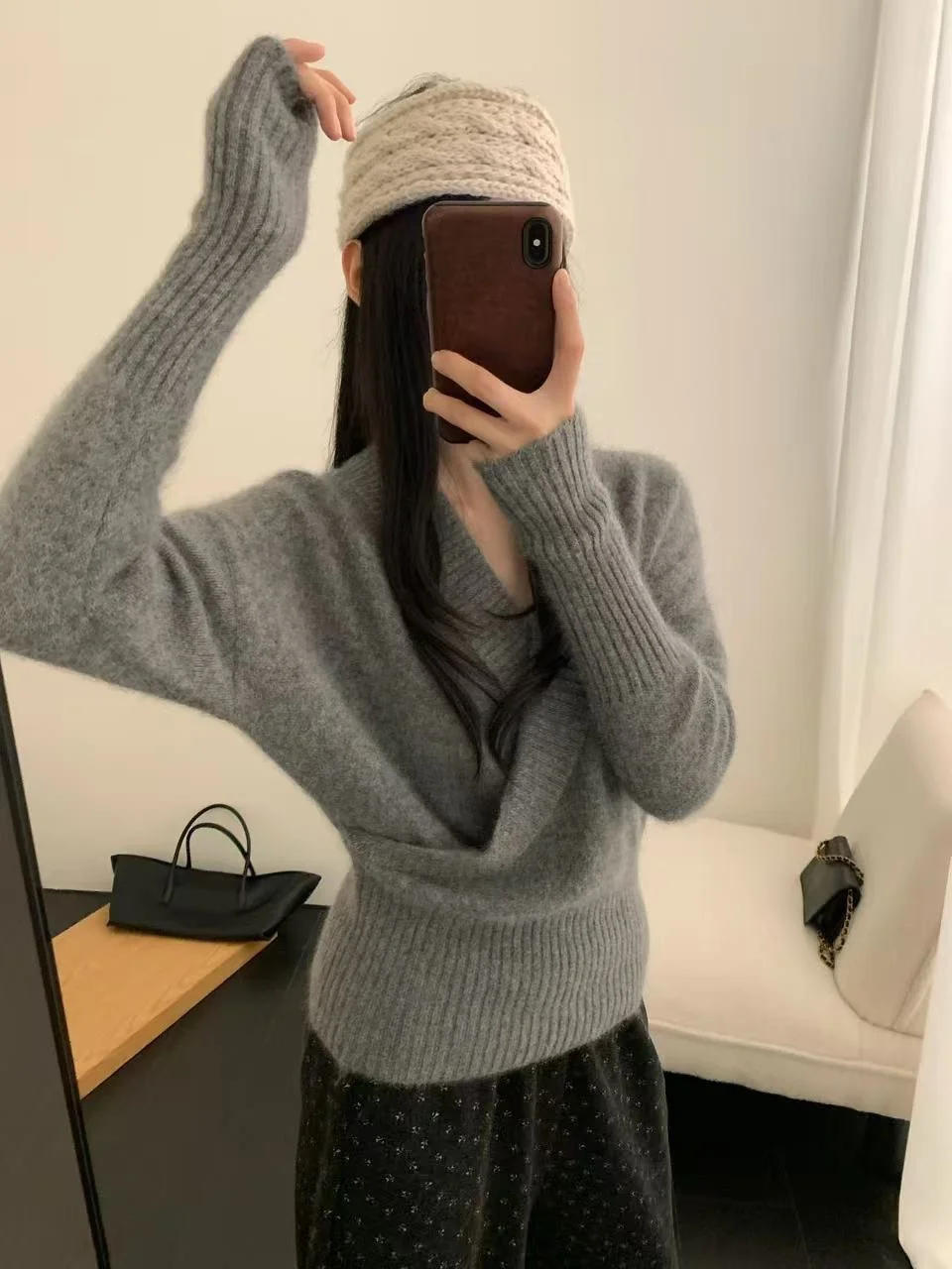 

Sweet Temperament Cross Collar Slimming Sweater Versatile French Sle Long Sve Thermal Knitwear for Women Daily Wear