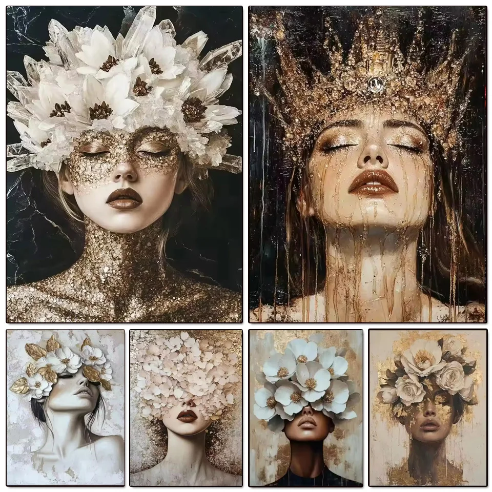 

DIY Diamond Painting Gold Foil Floral Goddess Full Drill Diamond Art, Elegant Feminine Portrait Mosaic Embroidery, Home Decor