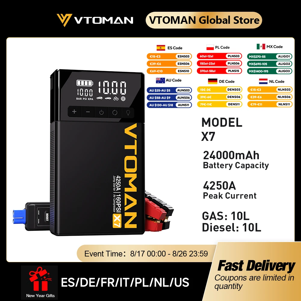 Image of VTOMAN X7 4-in-1-Auto-Starthilfe 4250 A – 160 PSI Luftkompressor, 12-V-Autobatterie-Booster und tragbare Powerbank