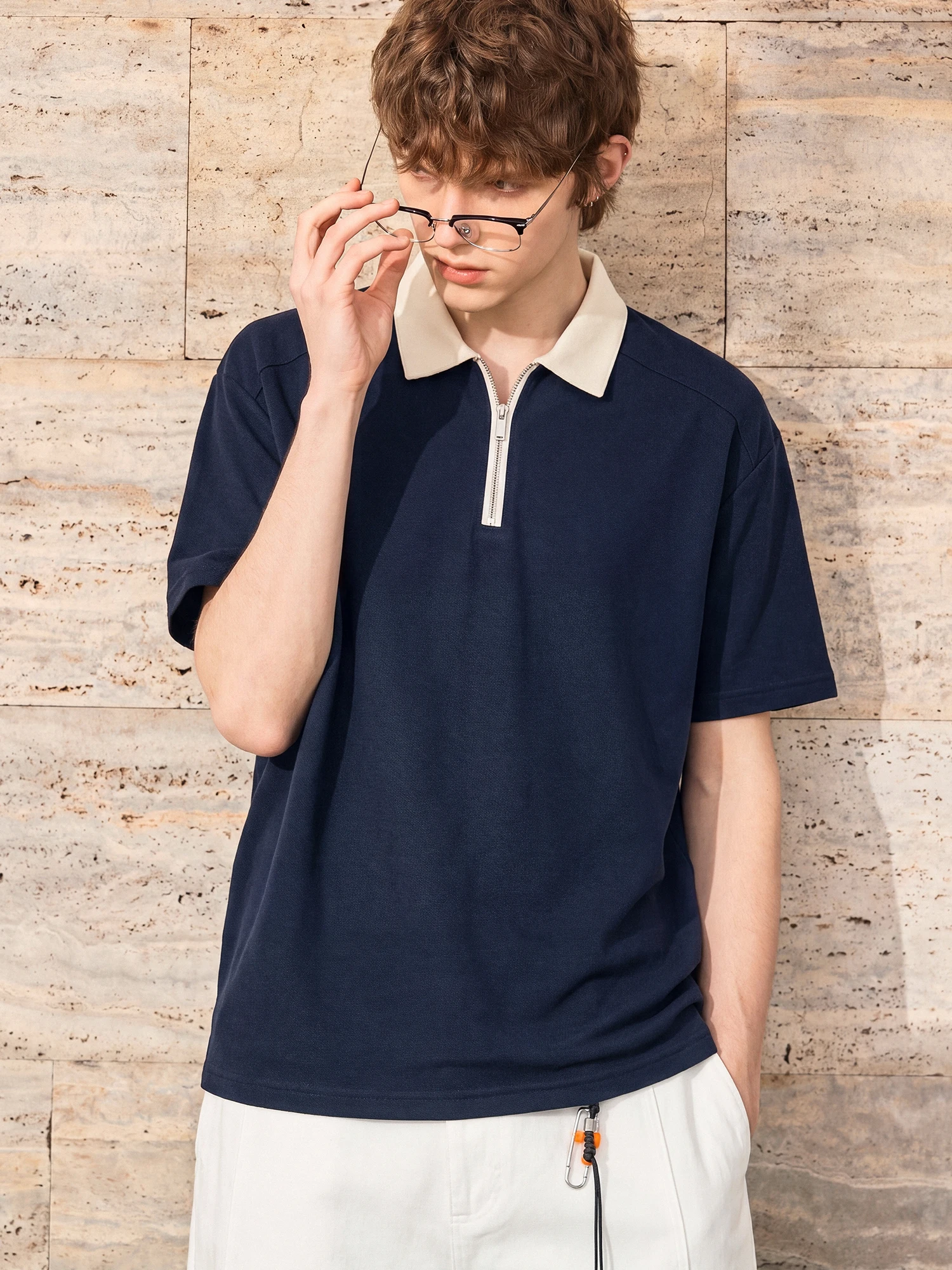 Loose Fit  Shirt Men's Summer Short Sleeve T-Shirt Modal Fabric Half Zipper Color Block Design Dài Bàn Trang Phục