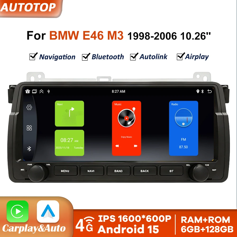 10.26 " Android 15 Bezprzewodowy CarPlay dla Apple Android Auto Radio Samochodowe do BMW E46 M3 318/320/325/330/335 Rover 75 Coupe 1998-2006 GPS Stereo Multimedia WIFI 4G 8-rdzeniowy DSP RDS Nawigacja