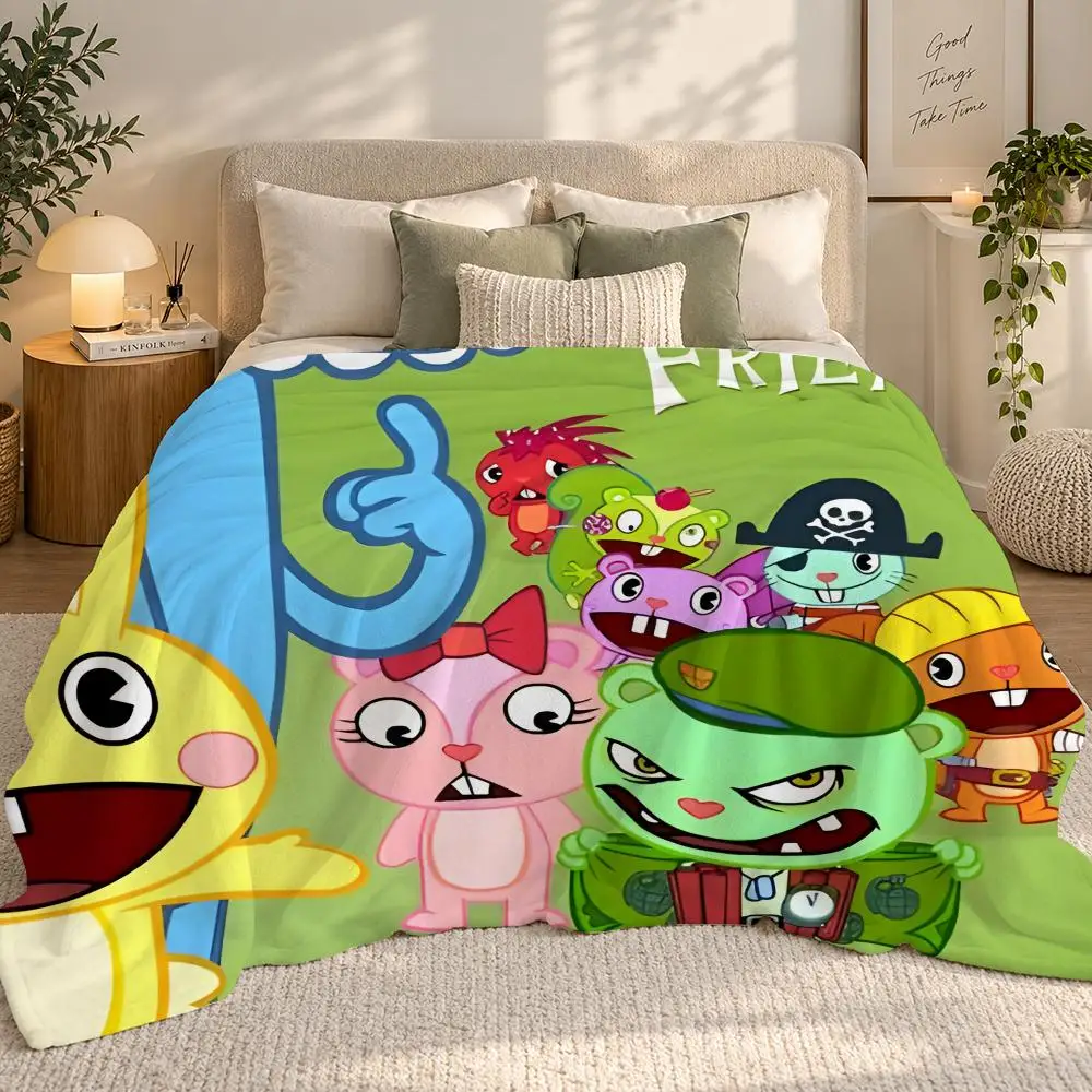 Cute cartoon art Happy T-Tree F-Friends Throw 240g flannel blanket, suitable for sofas, beds, offices, exquisite gift blankets