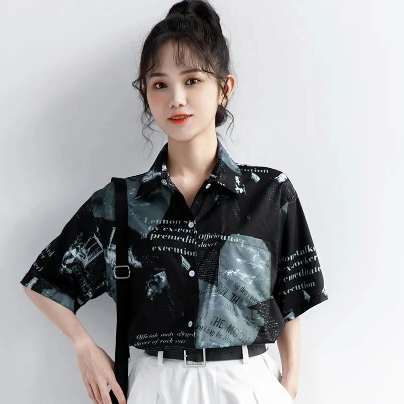 Aesthetic Letter Print Short Sleeve T Shirt Loose Black Cool Vintage Y2K Clothes Summer Blouses Woman 2023