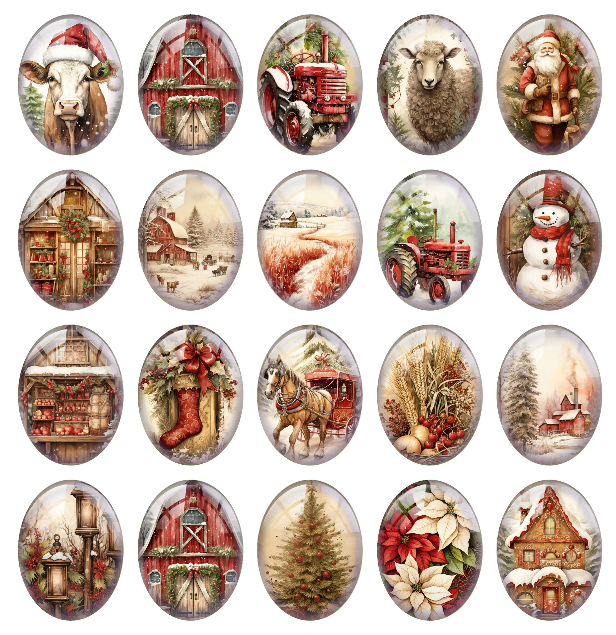 10pcs/lot Christmas X-mas Winter Farmhouse Tree Cow Sheep Oval Photo Glass Cabochon Flatback Demo Cameo For Diy Jewelry Making