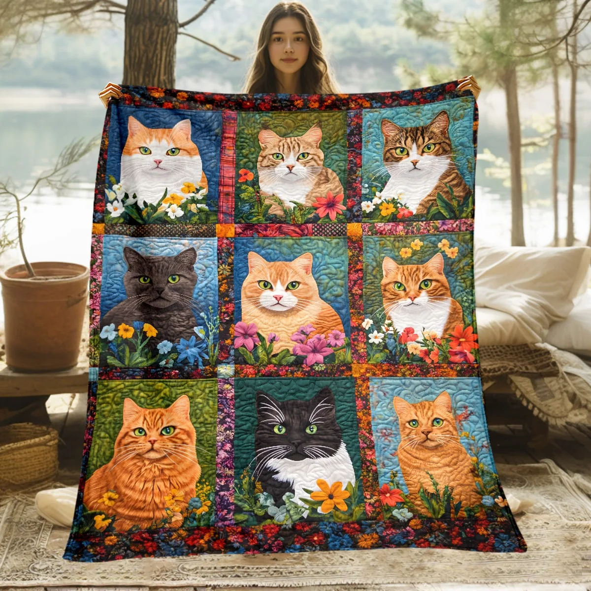 1pc Cat in Patchwork Pattern Printed Outdoor Blanket - Lightweight Flannel Used for Camping, Picnic, Hiking, Tourism, Airplane,