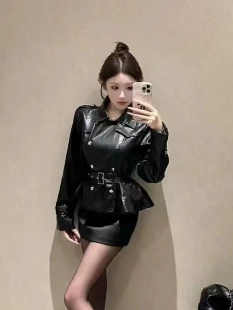 Ensemble 2 pièces rétro Sexy pour femmes, vestes + jupes en Faux cuir à Double boutonnage, tenues Punk américaines Harajuku, nouvelle collection