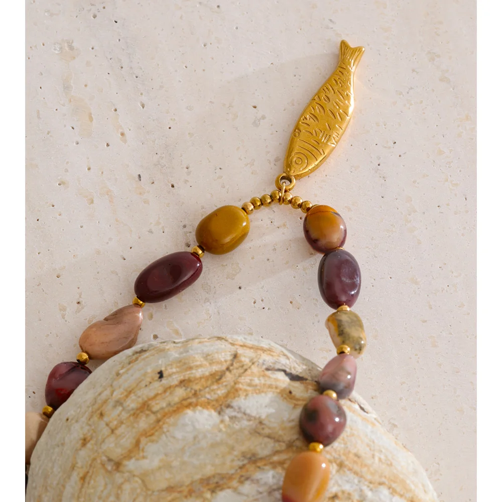 Natural Stone Beaded Fish Pendant Necklace - Stainless Steel Chain