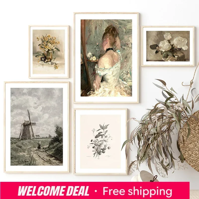 Pósteres de arte de pared en lienzo con pintura al óleo vintage 2026, estampados florales neutros, figuras, paisajes de molinos de viento, estética rústica para galería.