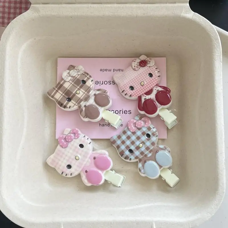 Sanrio Hello Kitty Kawaii Plaid Hairpin Girl Heart Sweet Lovely Bangs Side Clip Cartoon Versatile Girl Birthday Gift Ornaments