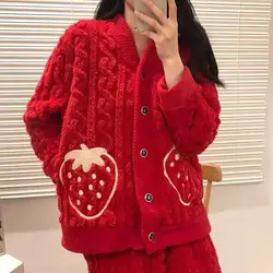 Conjuntos de pijamas de lana Coral para mujer, traje para casa con cuello vuelto y una hilera de botones, ropa de dormir de dibujos animados con cintura elástica para otoño e invierno