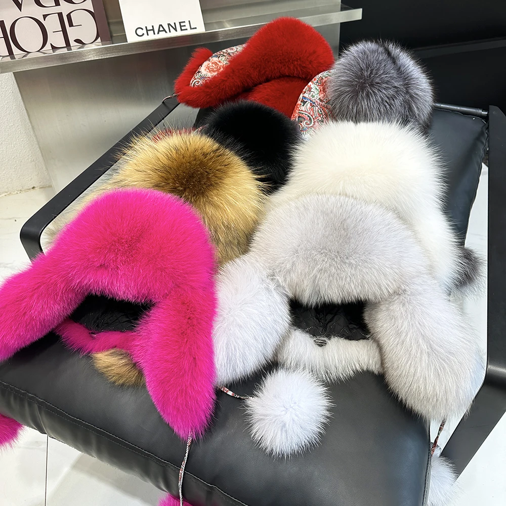 Winter Fur Hat for Women Hat with Ear Real Fox Fur Caps Russian Women Bomber Hats Bonnets Trapper Cap Camo Fox Hat Wholesale