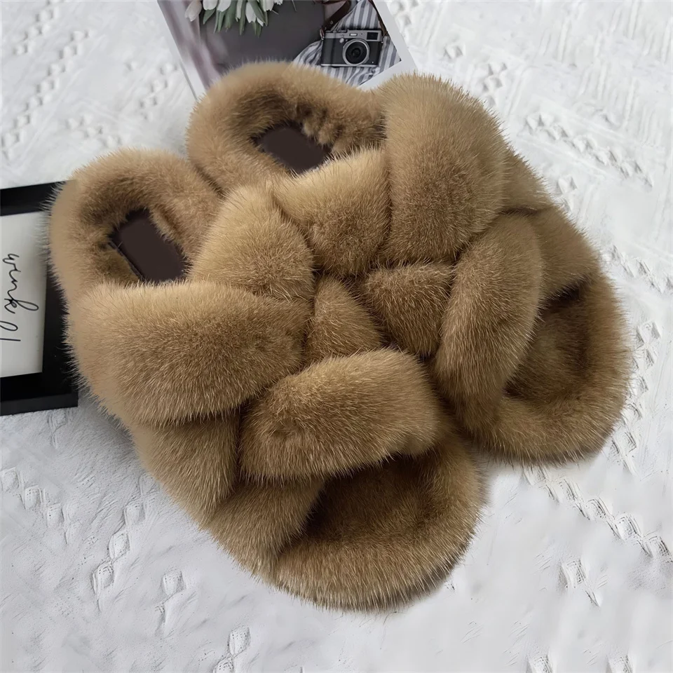 Women's Fur Outdoor Slippers Women Luxury Designer Fashion 100% Mink Leataher Slippers Ladies Fur Shoes Flat Winter Fur Slides