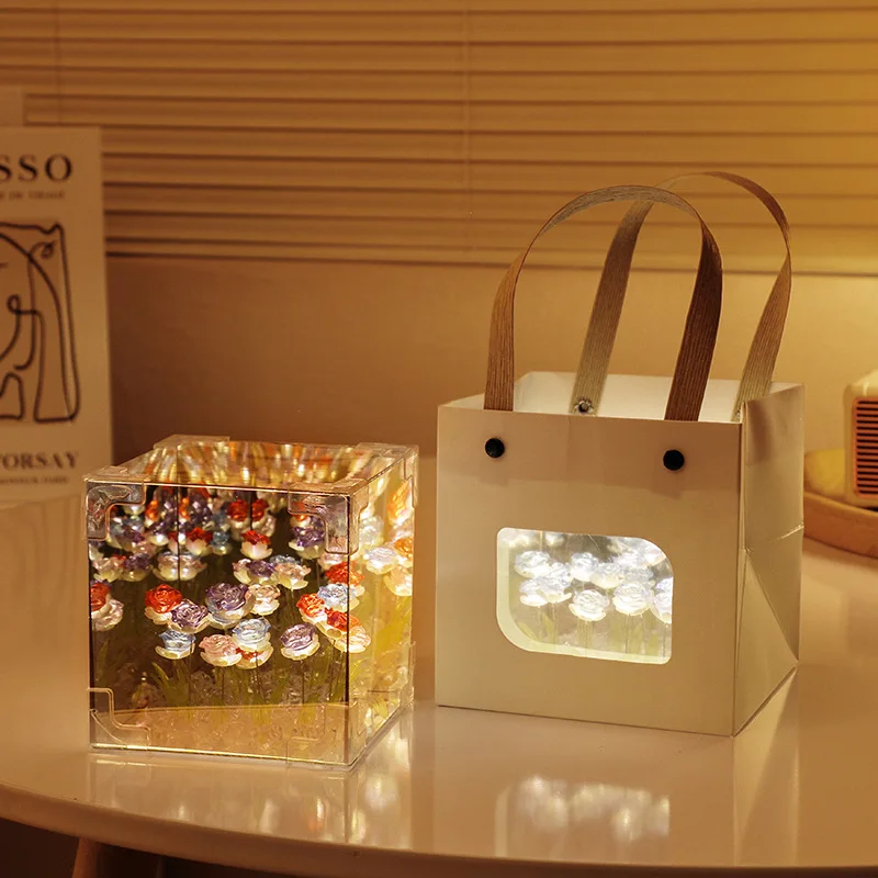 Romantic Rose Flower Box Handmade Led Tulip Night Light DIY Material Package Bed Desktop Ornament Mirror Box Living Room Decor