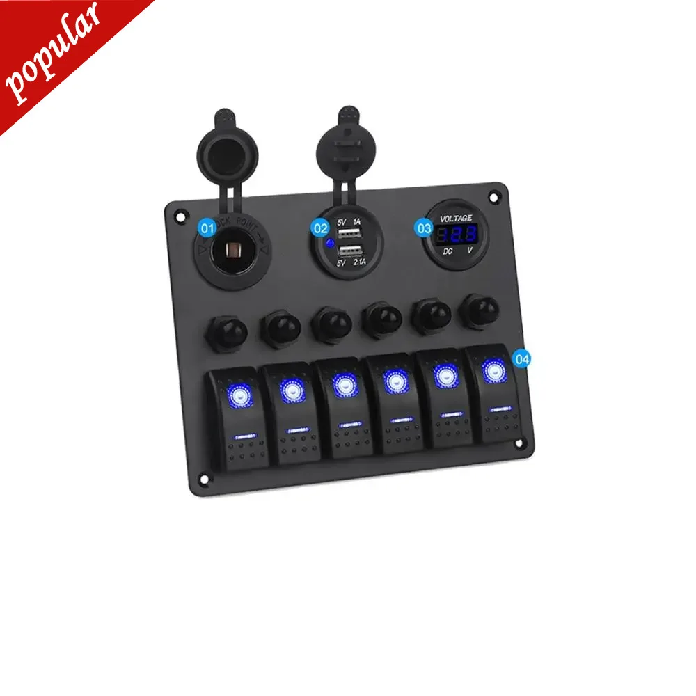 

6 Gang Waterproof LED Rocker Switch Panel for Car Auto Boat SUV RV Circuit Breakers Voltmeter Car Switches Car Dual USB charger