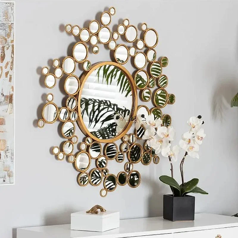 A81 Gold Decorative Irregular Rope Edge Round Mirror, Vintage Palace Grid Bathroom Mirror