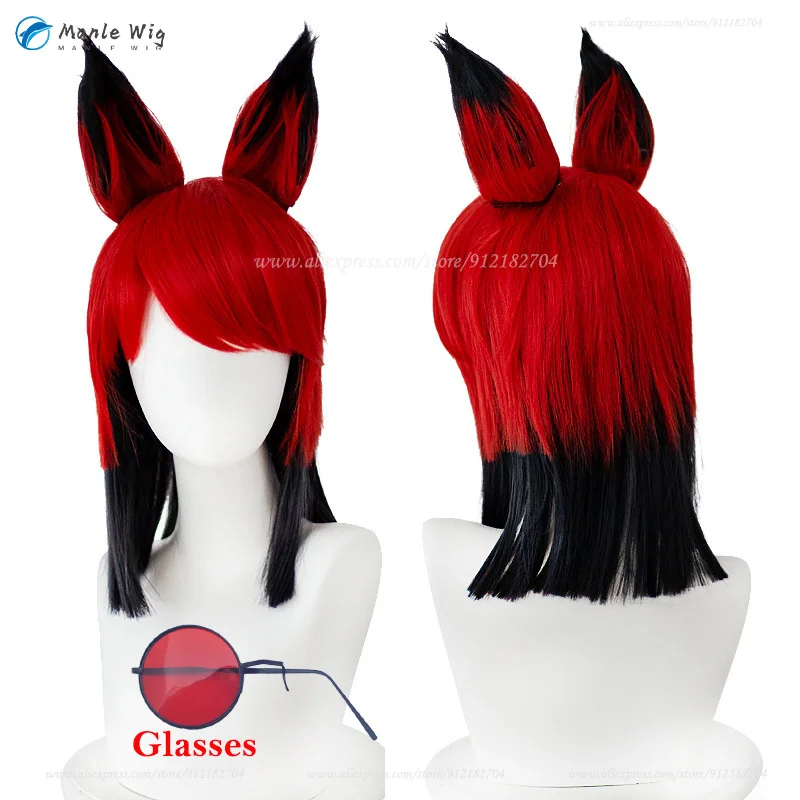 

High Quality Anime Hotel Alastor Cosplay Wig Red Black Wig With Ears Heat Resistant Synthetic Hair Cosplay Anime Wigs + Wig Cap