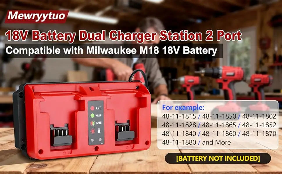 Dual-Port-Schnellladegerät für Milwaukee 14,4V-18V Akkus, intelligentes sequenzielles Laden, LED-Anzeige, Wandmontage – Detail 6