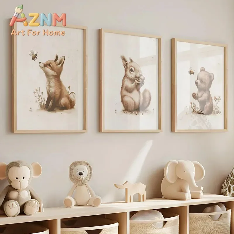 AZNM Vintage Woodland Animal Canvas Wall Art Fox Squirrel Bear Bee Print Poster for Kids Nursery Bedroom Home Wall Decor