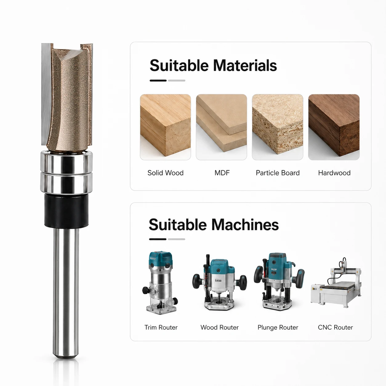 Double Bearing Router Bit Straight Machining Tool Woodworking 1/4