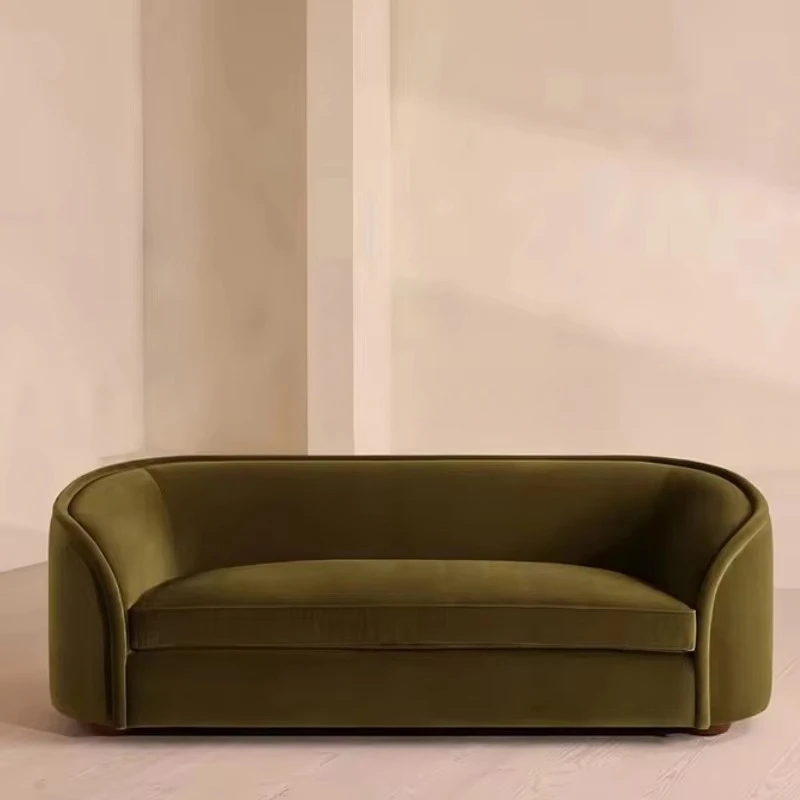 Simple curved velvet sofa, three-seater, retro olive green, purchased directly from the fabric sofa factory
