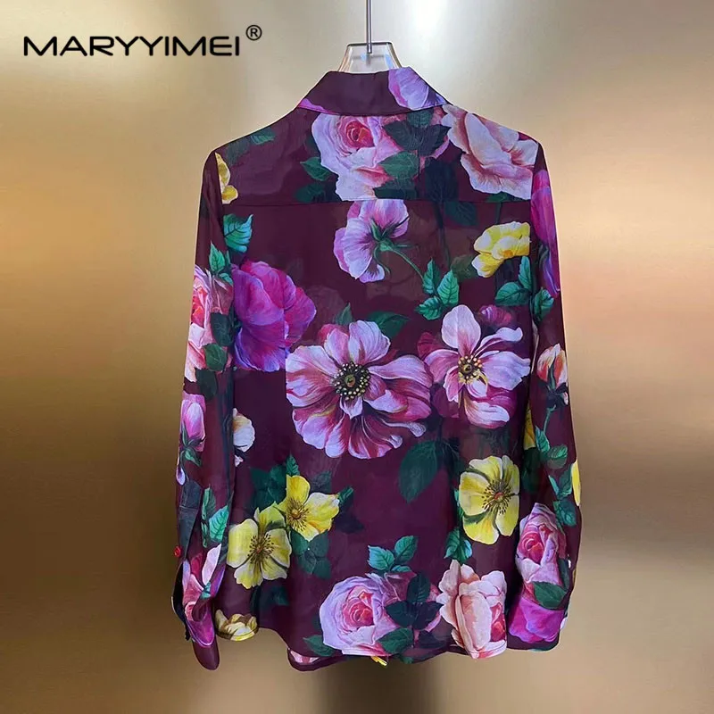 MARYYIMEI Fashion Women\'s Vintage Silk Single-Breasted Turn-Down Collar Printed Shirt Top+Pencil Hip Wrap Half Skirt Two-Piece