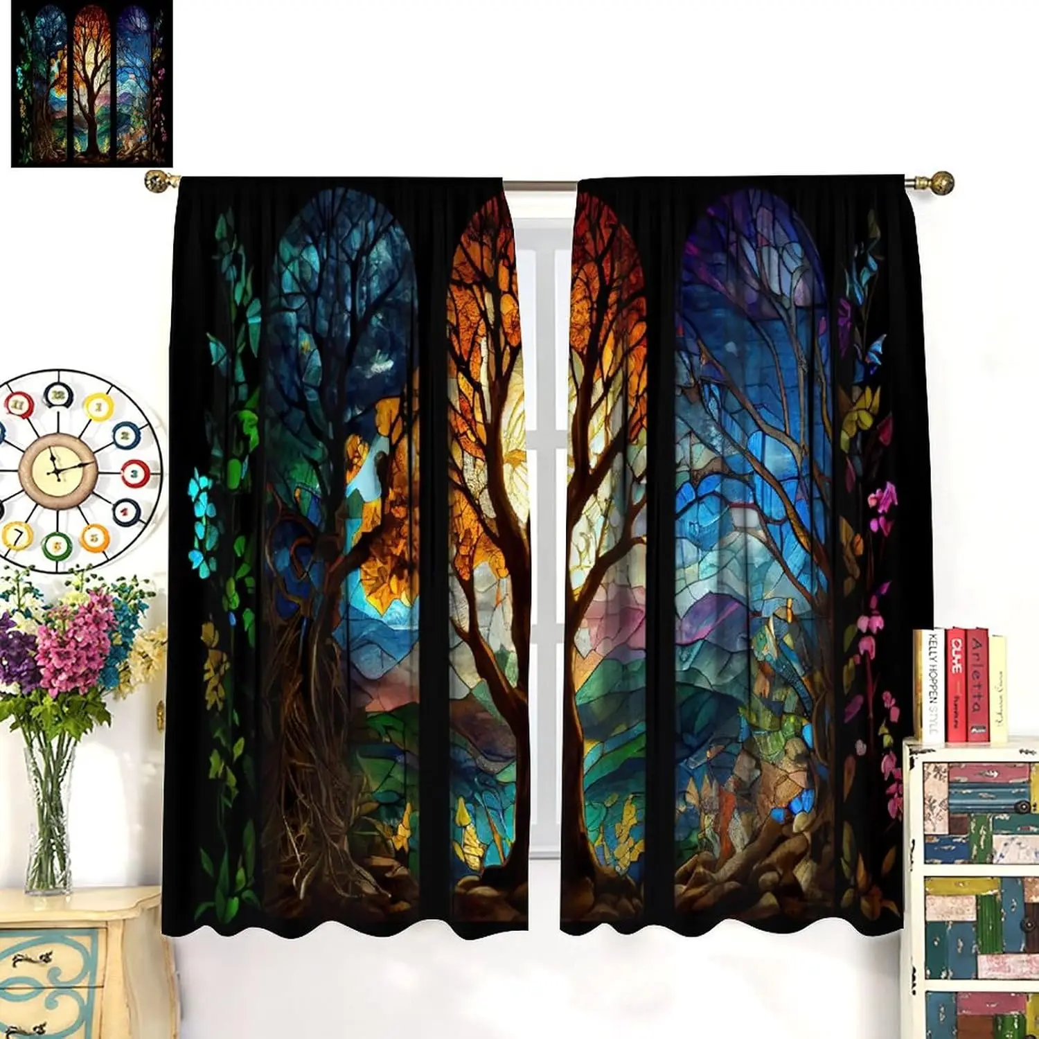 Stained Glass Curtains Mid Century Color Patchwork Trees Flowers Abstract Art Window Treatments for Bedroom Kitchen Living