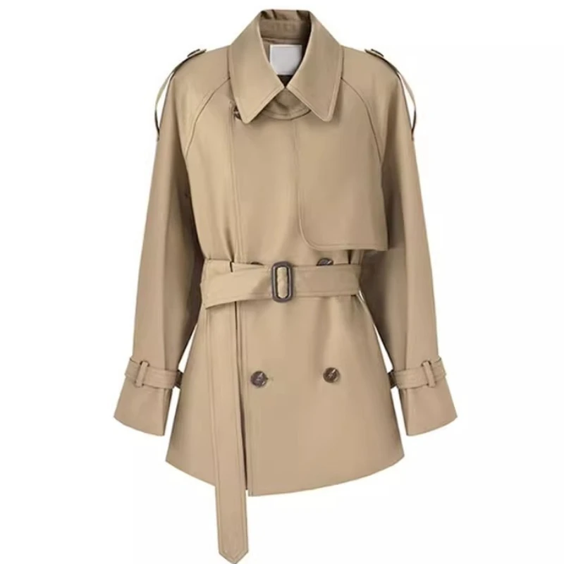 Khaki Mid-length Cinched-waist Windbreaker Is A Must-have for Women. It's A New British-style High-end Coat for Petite in Autumn