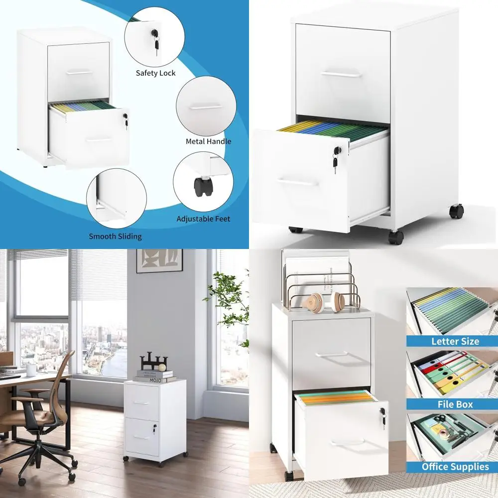 

White Metal 2-Drawer File Cabinet with Lock and Wheels for Home Office, Legal/Letter Size, Unassembled