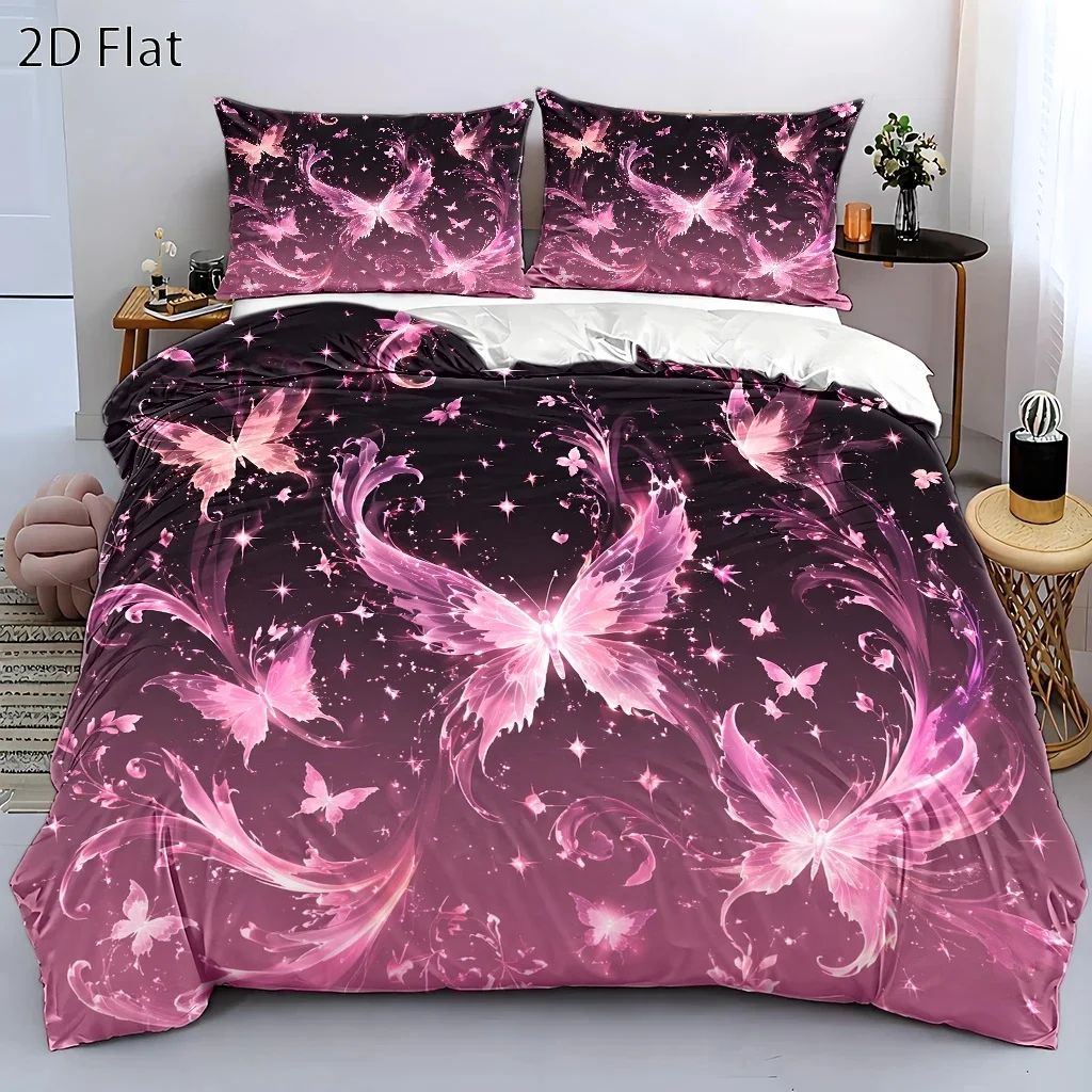 3Pc Dreamy Pink Butterfly Floral Bedding Set (1*Duvet Cover + 2*Pillowcases), Duvet Cover Set Suitable for All Seasons, Machine Washable, Invisible Zipper Large Double Bed Cover, Universal Bedding Set for Home, Dorm, Master Bedroom, Guest Room, Romantic Starlight Butterfly Print Duvet Cover Set, Soft and Breathable Skin-Friendly Bedding Set, Beautiful Butterfly Bedding Set