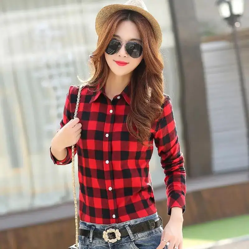 Brand Casual Women Long Sleeve Shirts 2023 New Elegant Cotton Flannel Plaid Shirt Fine Female Blouse and Tops Lady Clothes